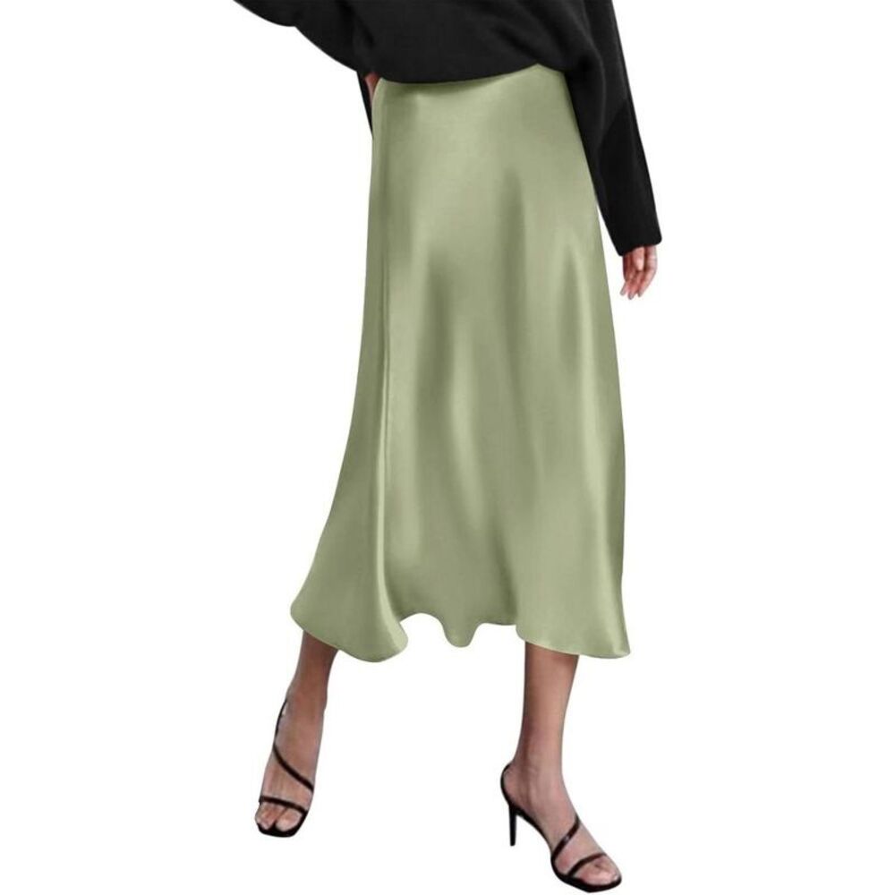 Women's High Waist Satin Midi Skirt - Elegant A-Line Silky Skirt Green